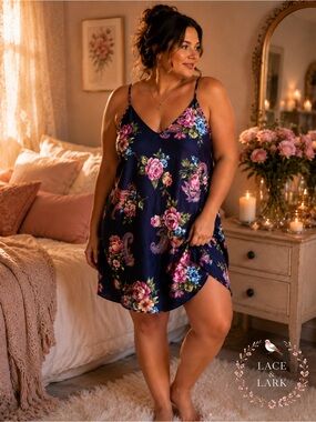 Navy Floral Slip Dress with Pink Rose Print